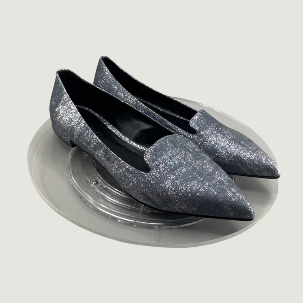 M. Gemi Pointed Toe Flats Size 39 8 8.5 Silver Glitter Italian Leather Glam Chic